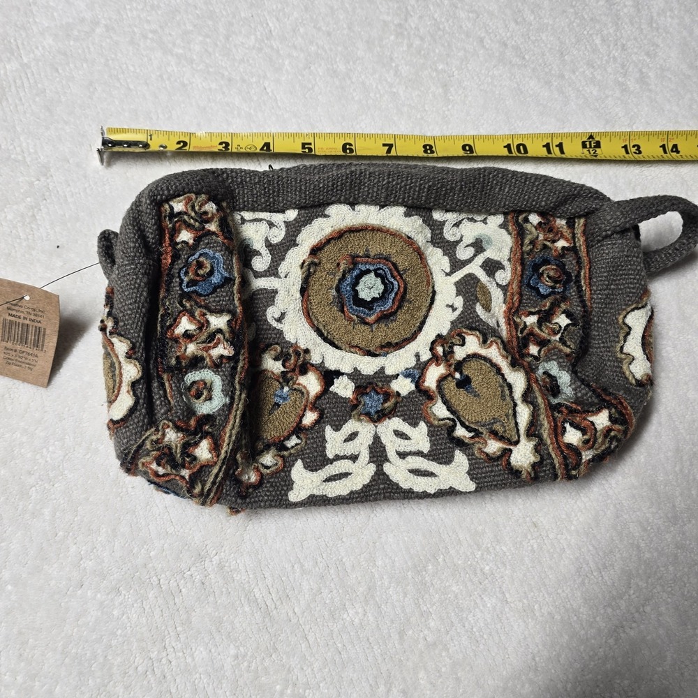 Creative‎ Co-op Cotton Embroidered Boho Pouch Bag Zip Closure Grey Floral 10"x5"